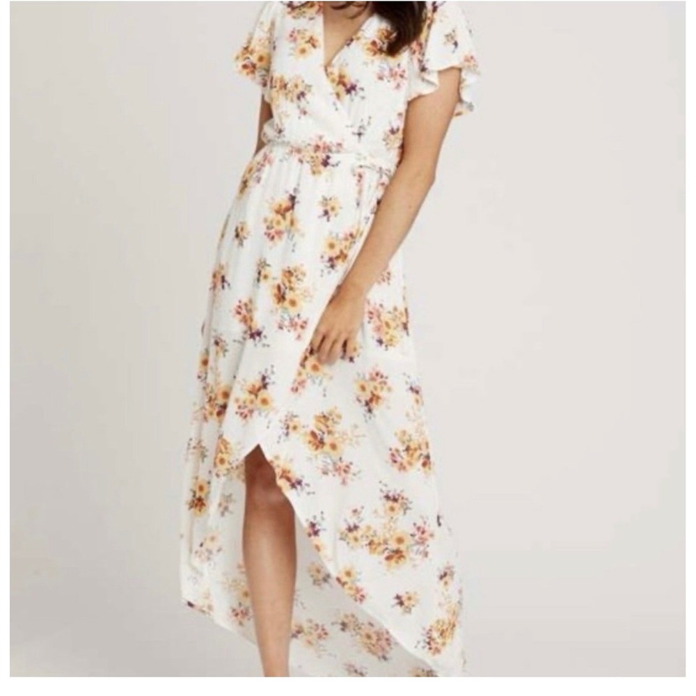 Altar'd State Aliza F70 Cream Floral Wrap Maxi Dress High Low NWT Small